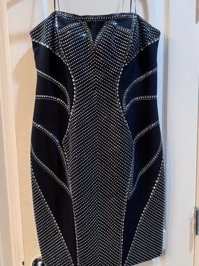 Cache Black Strapless Sheath Dress with Silver Stud Detailing